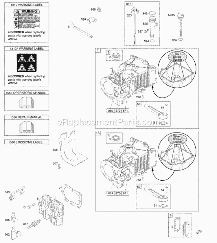 Cylinder Cylinder Head Lubrication OperatorS Manual Warning Label Diagram and Parts List for  Briggs and Stratton Engine